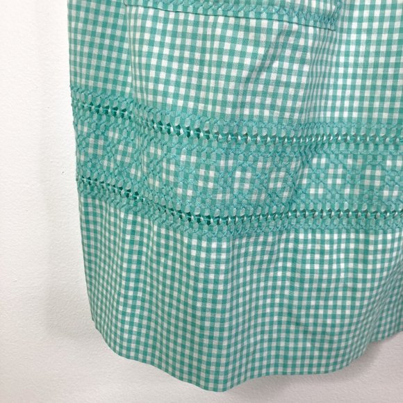 Vintage Handmade Teal Green Gingham Apron Cross Stitch Tie Waist Pocket - Picture 11 of 13
